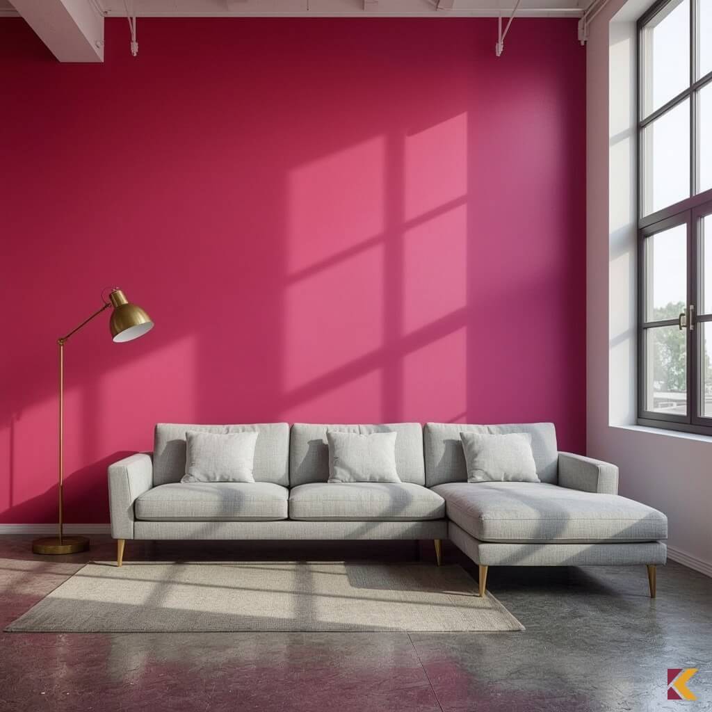 Amarantowa ściana, szara sofa i parkiet, białe ściany