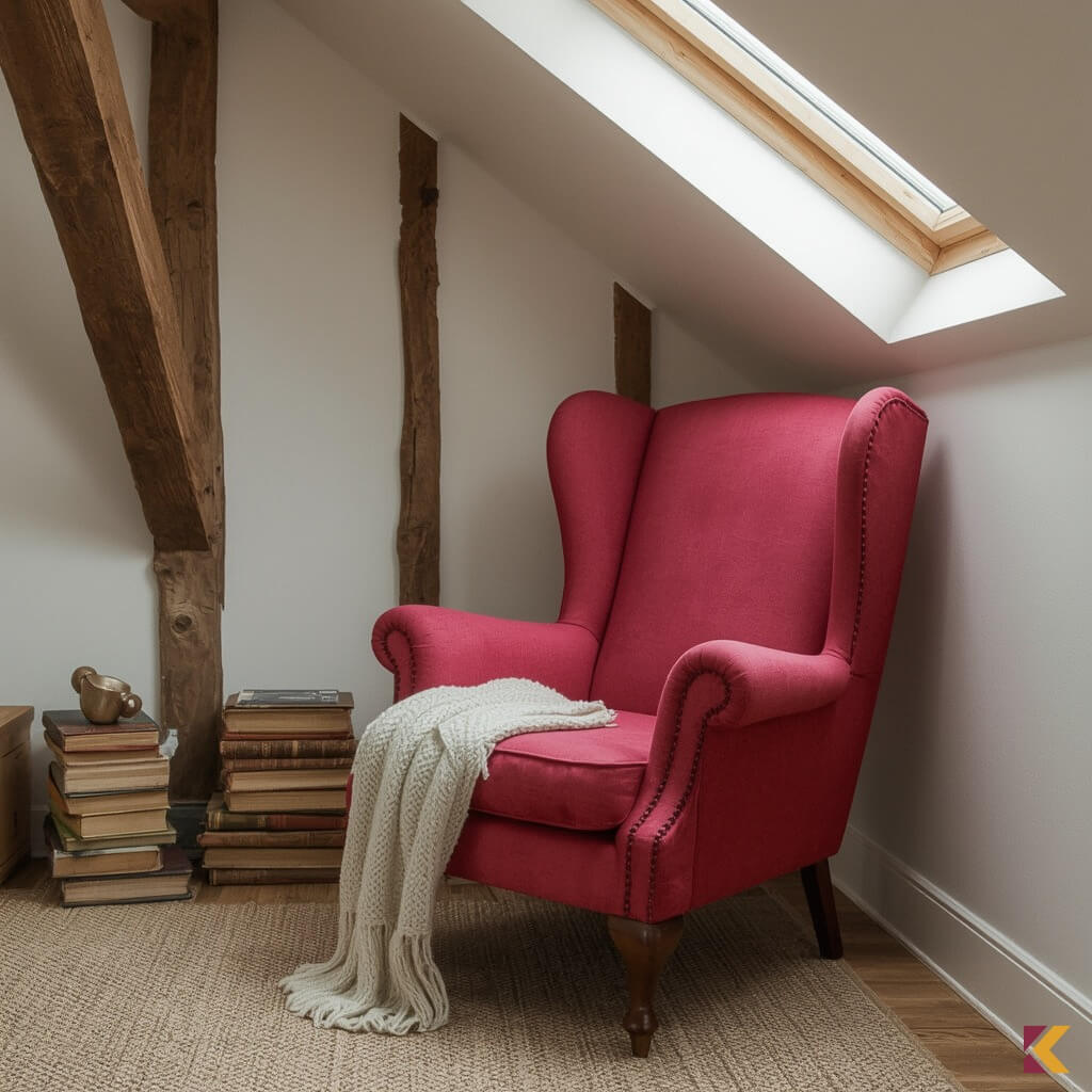 Amarantowy fotel na poddaszu
