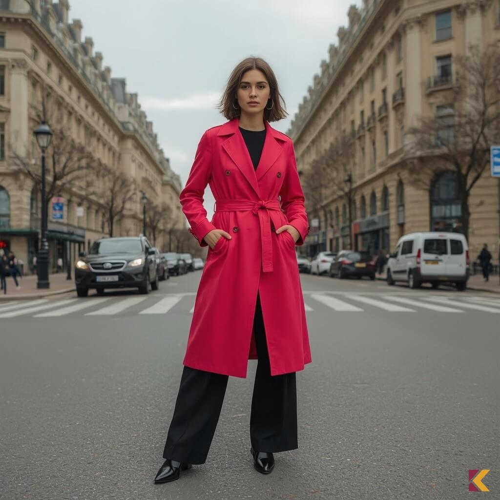 Amarantowy trencz z czarnymi spodniami, szpilkami i bluzką