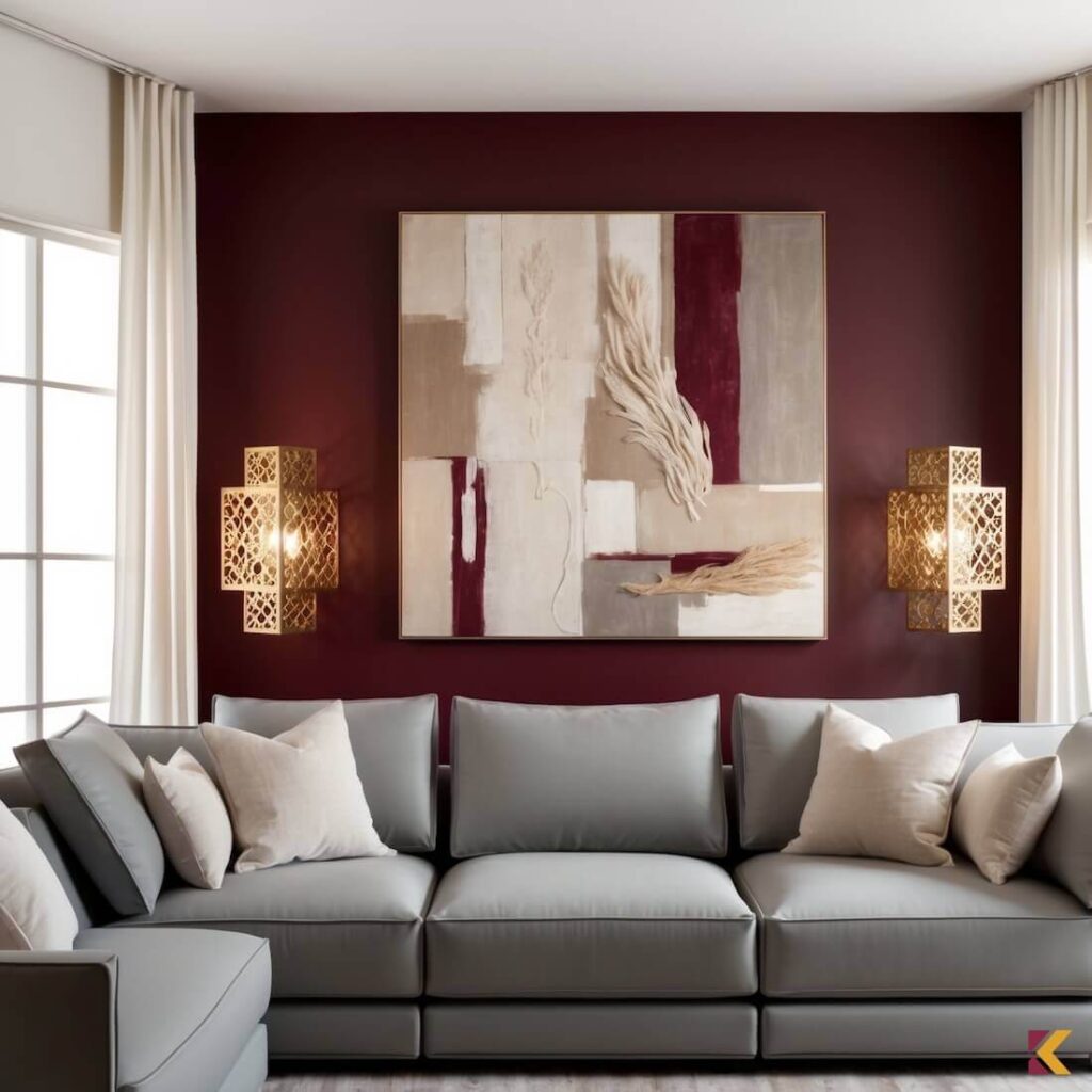 Bordowa ściana akcentowa, szara sofa
