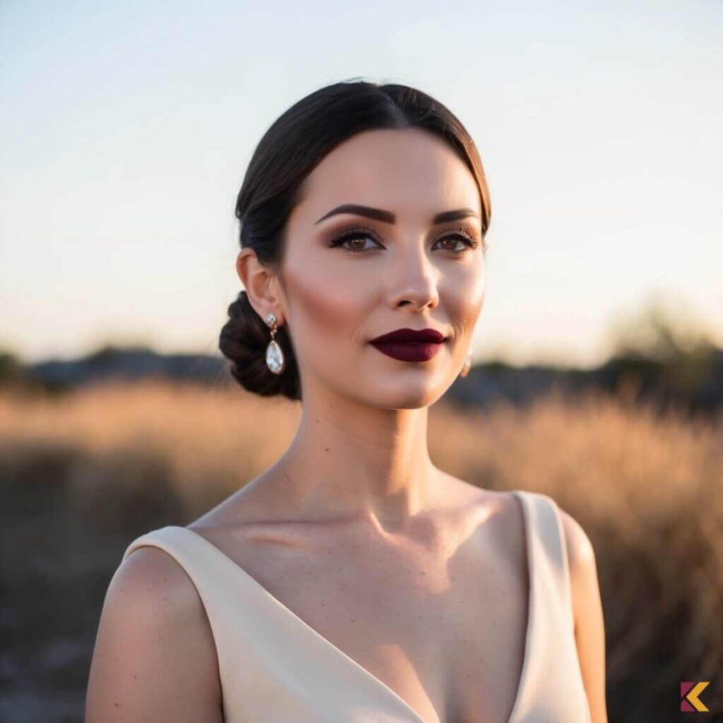 Kobieta, bordowe usta, sukienka ecru