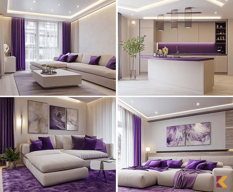 Kolaż zdjęć, kremowe wnętrza z purpurowymi dodatkami