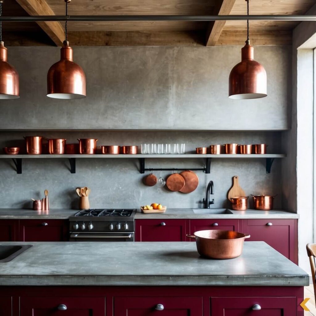 Kuchnia industrialna, bordowe szafki, miedziane naczynia, beton i drewno