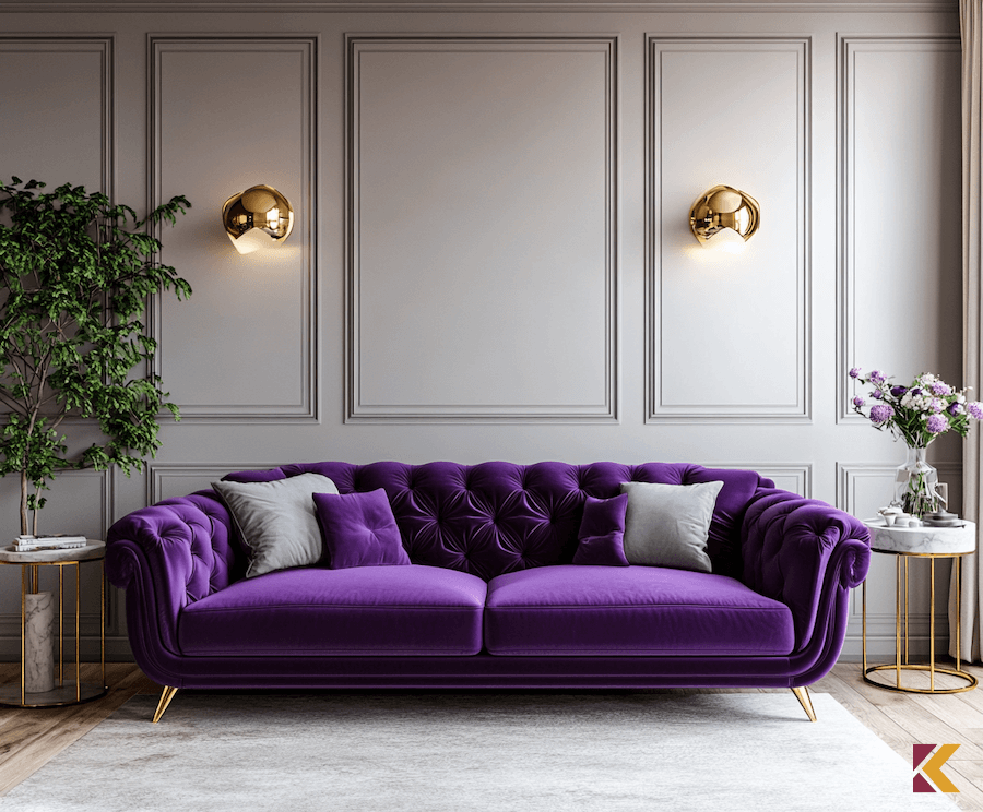 Purpurowa sofa na tle szarej ściany
