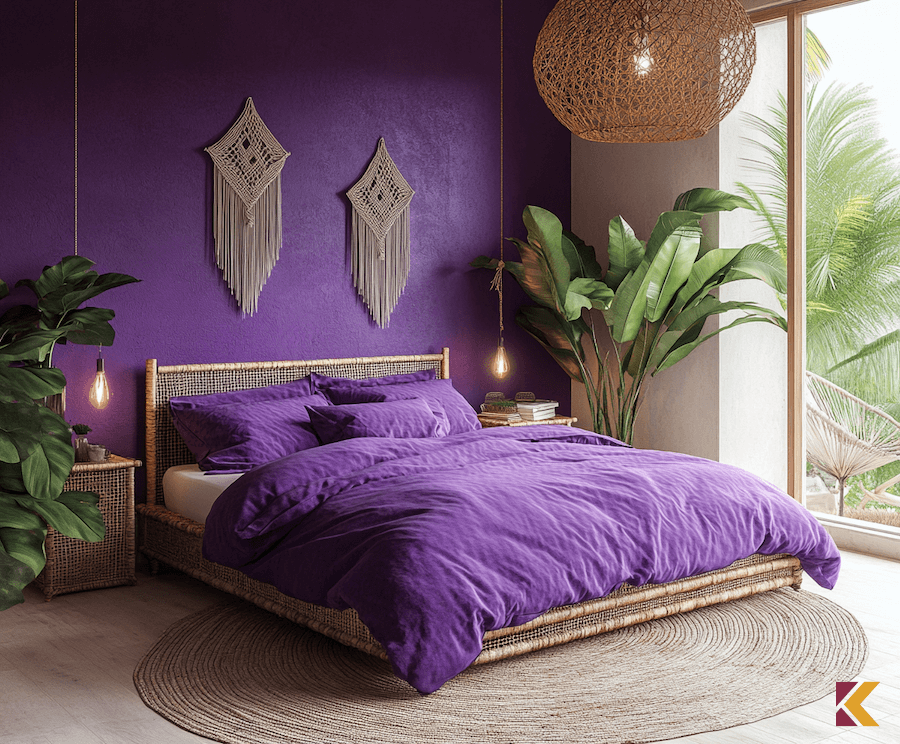 Sypialnia boho, purpurowa ściana i pościel