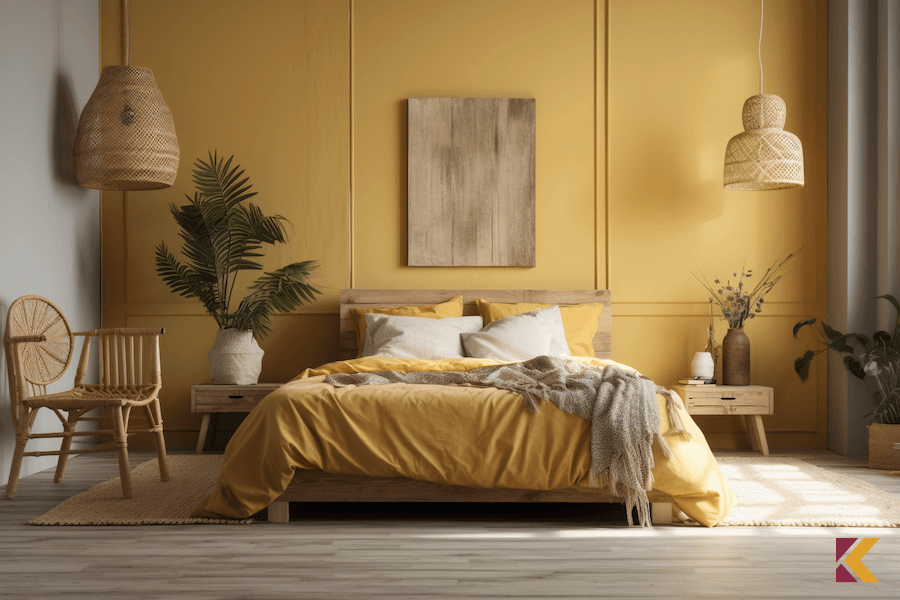 Sypialnia w stylu boho z pastelowo zółtą ścianą akcentową