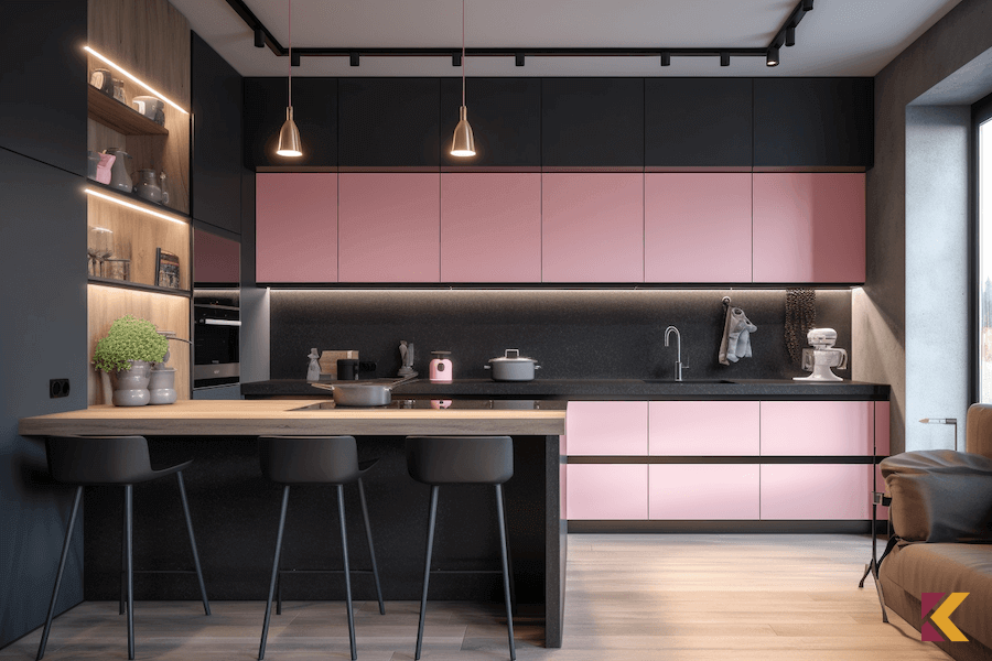 Nowoczesna kuchnia w kolorze czarnym z elementami drewna i różowymi frontami szafek kuchennych