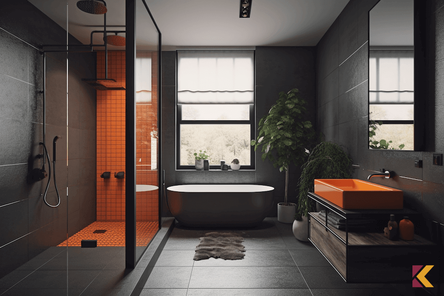 Łazienka w stylu nowoczesnym w kolorze czarnym z białymi i pomarańczowymi akcentami