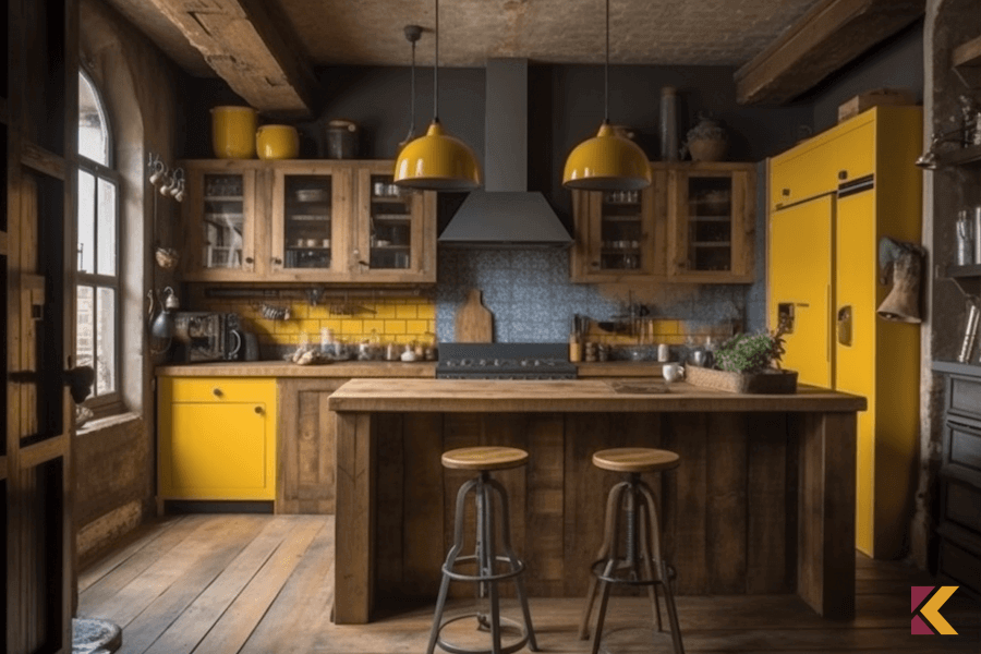 Kuchnia rustykalna z drewnianymi meblami oraz akcentami w kolorach żółtym i czarnym