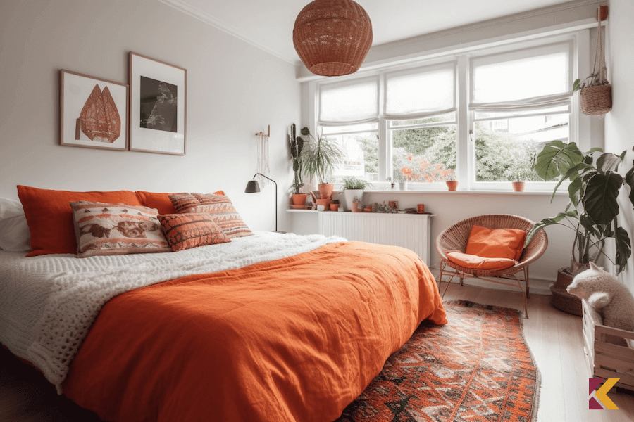 Sypialnia w jasnych kolorach z akcentami w kolorze pomarańczowym