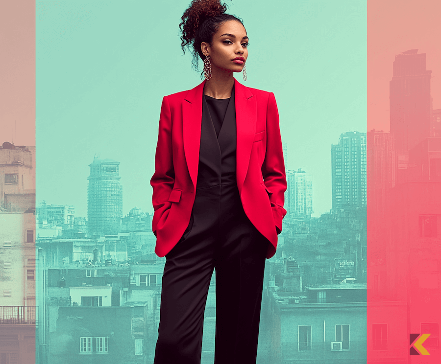 Karmazynowa marynarka z czarnym garniturem jednoczęsciowym