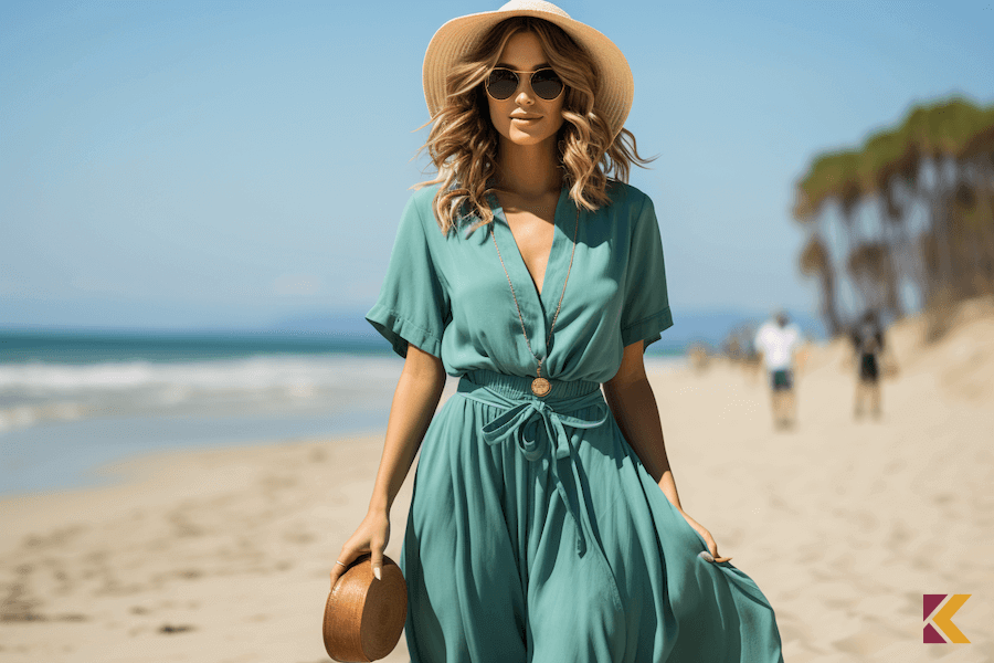 Kobieta na plaży, ubrana w sukienkę w kolorze morskim i słomiany kapelusz