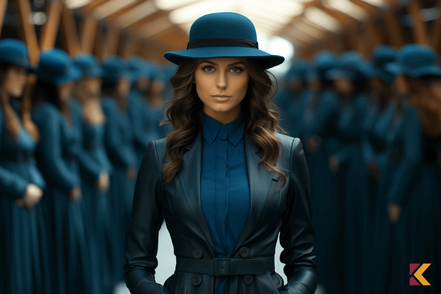 Kobieta w ciemnoniebieskiej stylizacji: kapelusz, koszula z kołnierzykiem, płaszcz
