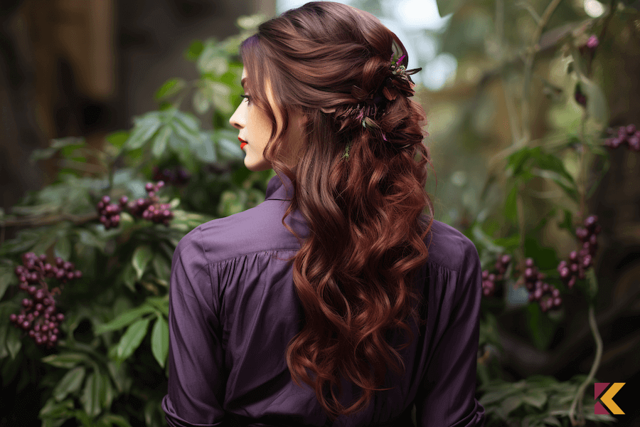 Kobieta w ogrodzie, włosy w kolorze mahoniowym i fioletowa sukienka, zdjęcie artystyczne 