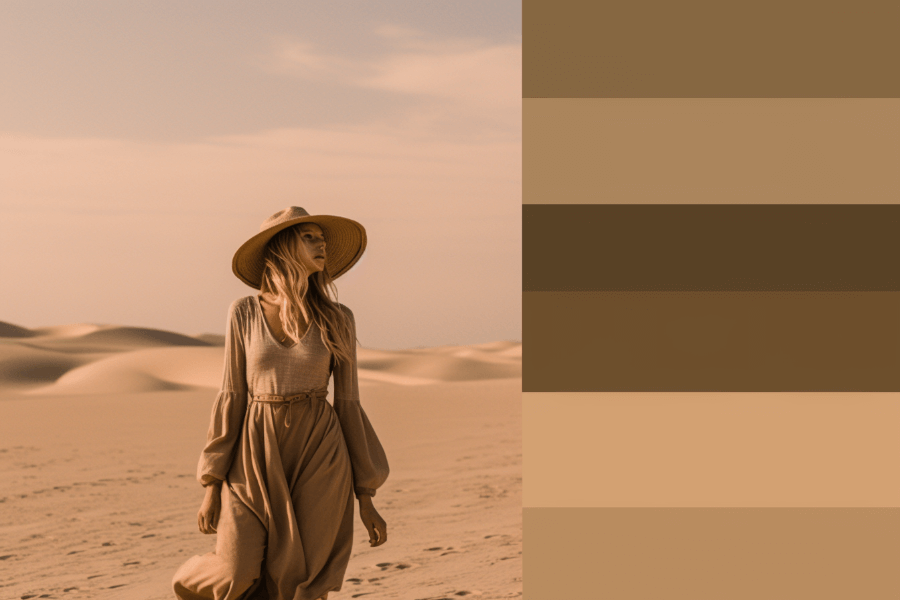 Kobieta w piaskowej stylizacji, po prawej strony odcienie koloru piaskowego