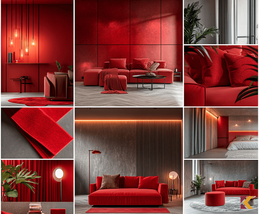 Kolaż zdjęć, karmazynowy we wnętrzach w połączeniu z odcieniami szarości