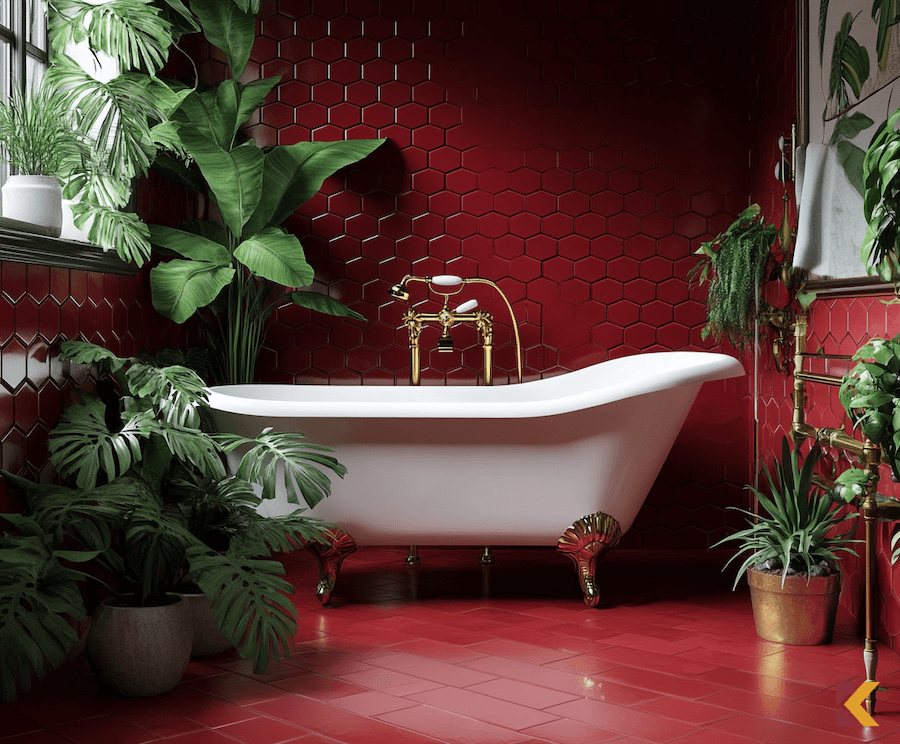 Łazienka retro, białą wanna z złotymi zdobieniami, karmazynowy płytki na ścianie i podłodze, zielone rośliny z dużymi liśćmi