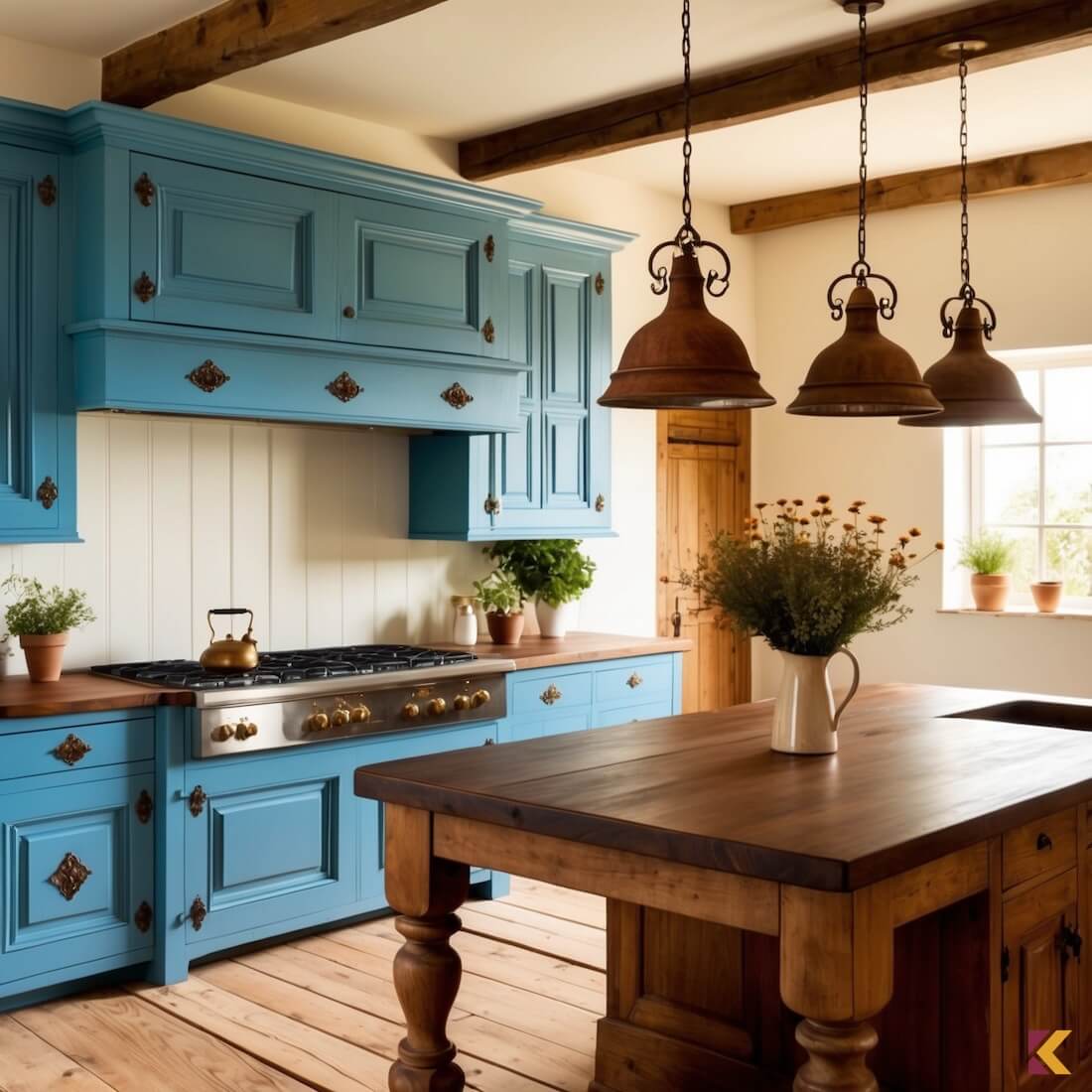 Lazurowe szafki w kuchni rustykalnej