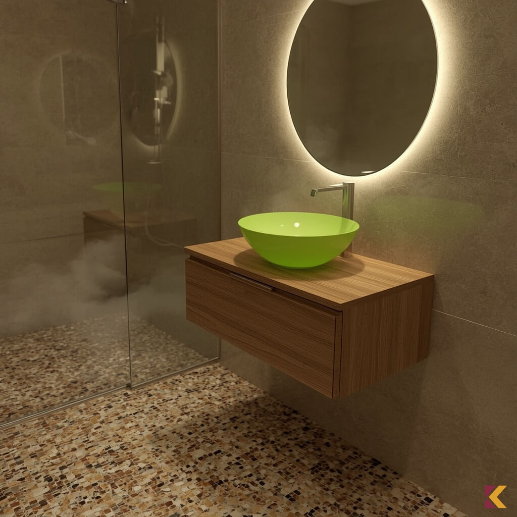 Limonkowa misa umywalki w ciemnej łazience