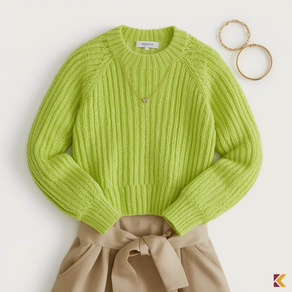 Limonkowy sweterek w zestawieniu z beżową spódnicą i złotą biżuterią