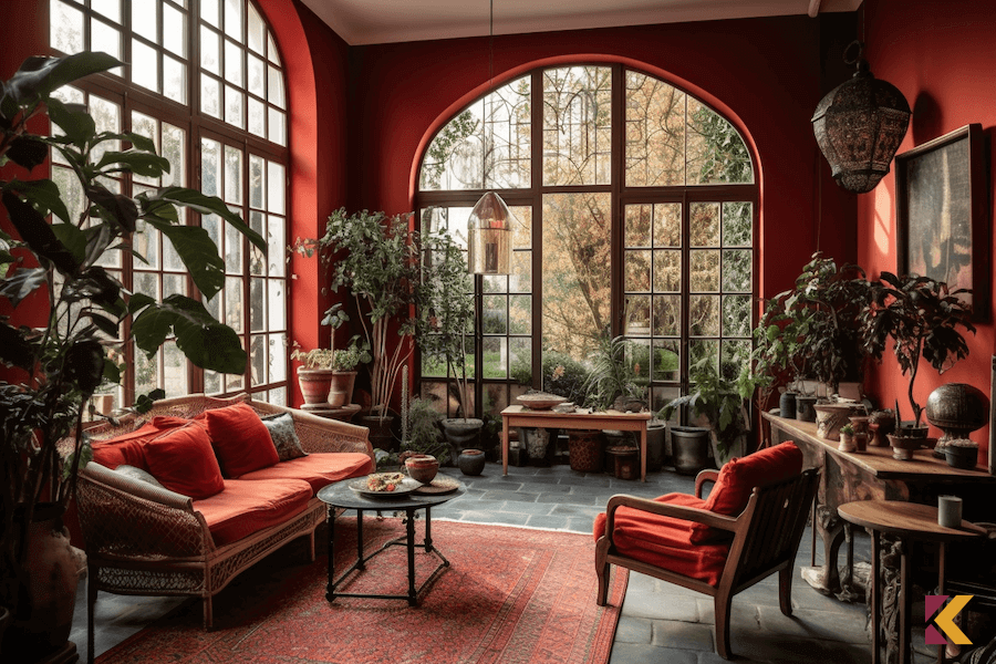 Ogród zimowy z czerwonymi ścianami i tapicerką mebli