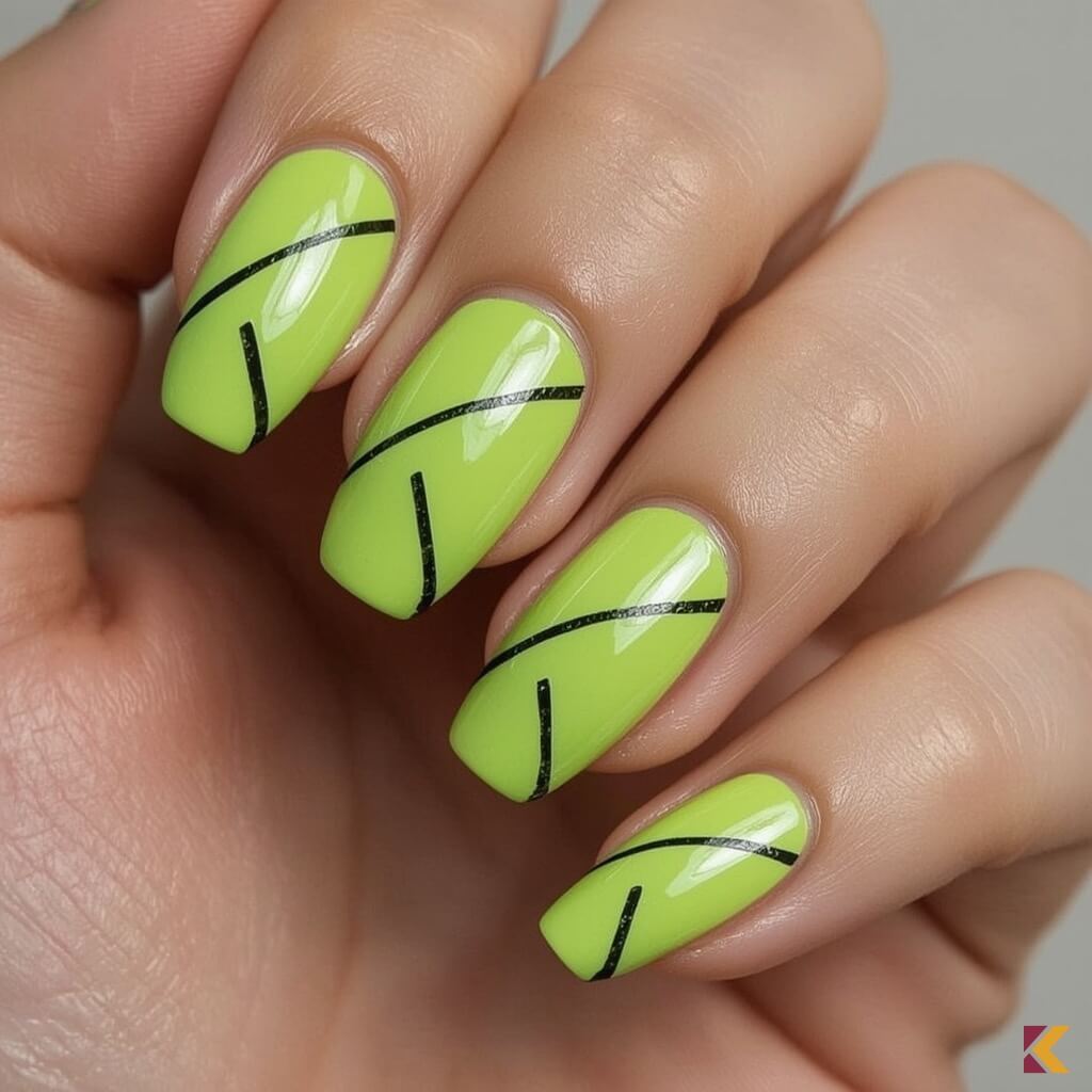 Paznokcie limonka z czarnymi liniami