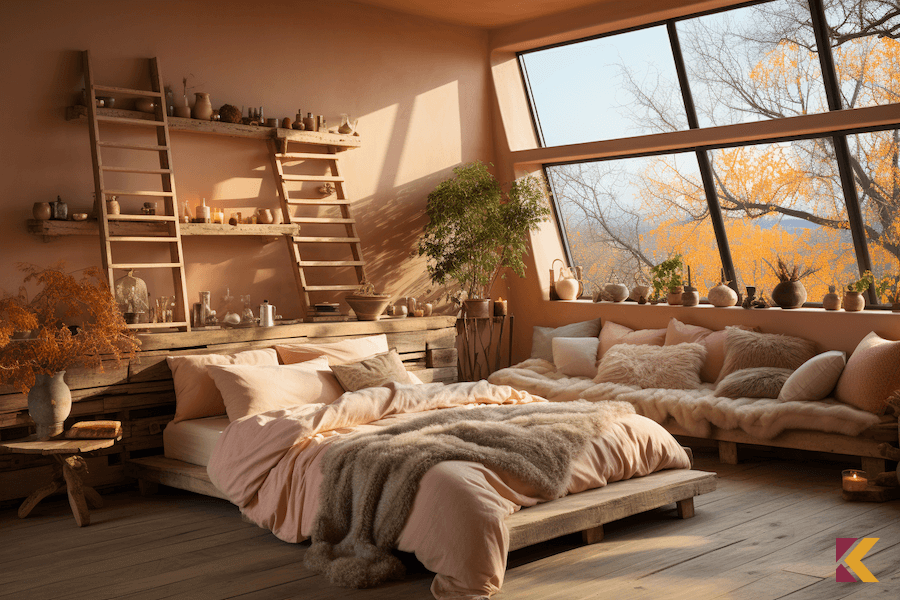 Sypialnia w stylu rustykalnym ze ścianami w kolorze brzoskwiniowym