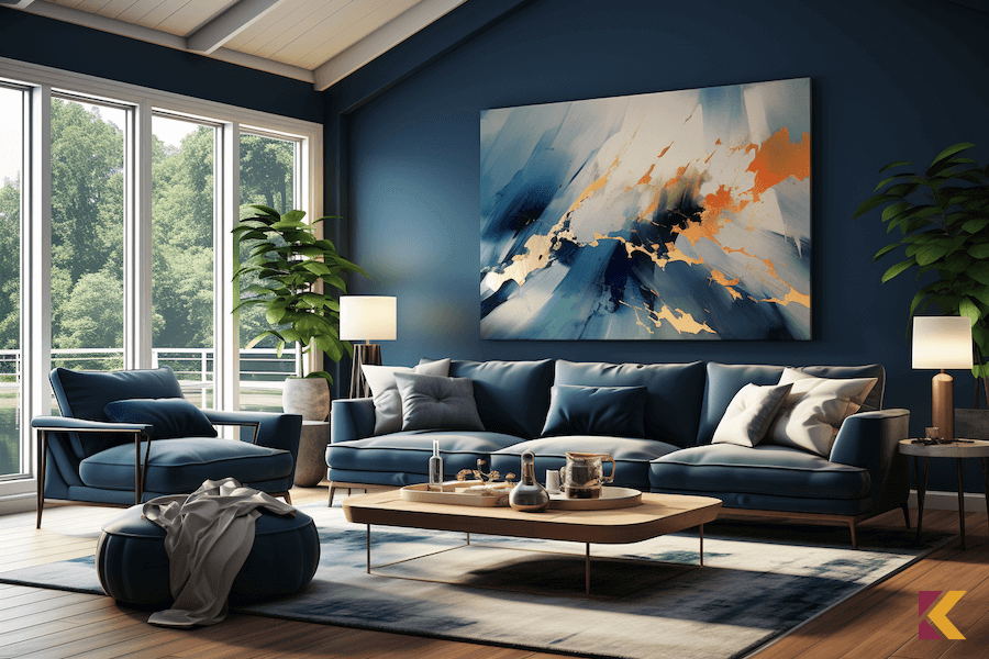 Salon z ciemnoniebieskimi ścianami i sofą