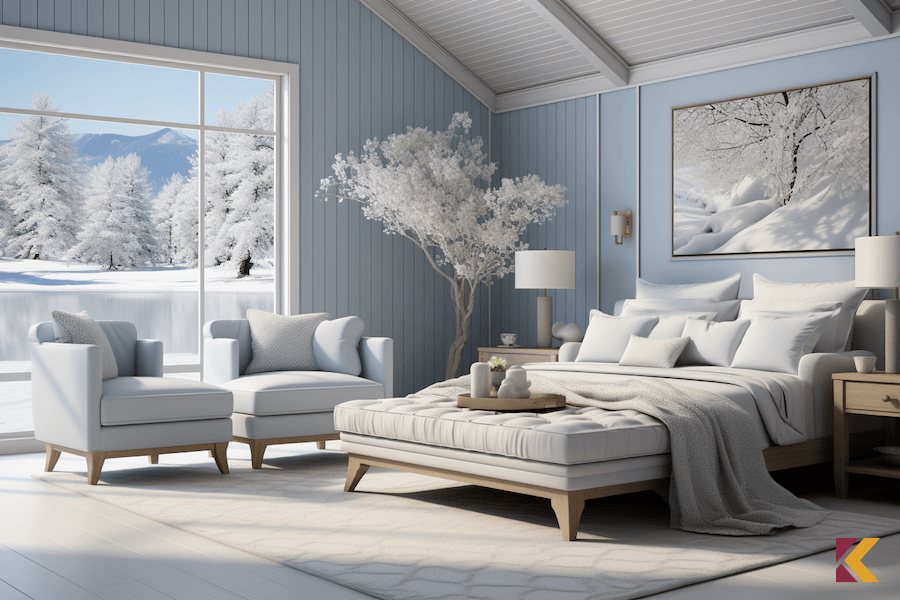 Sypialnia w kolorach jasnoniebieskim i białym