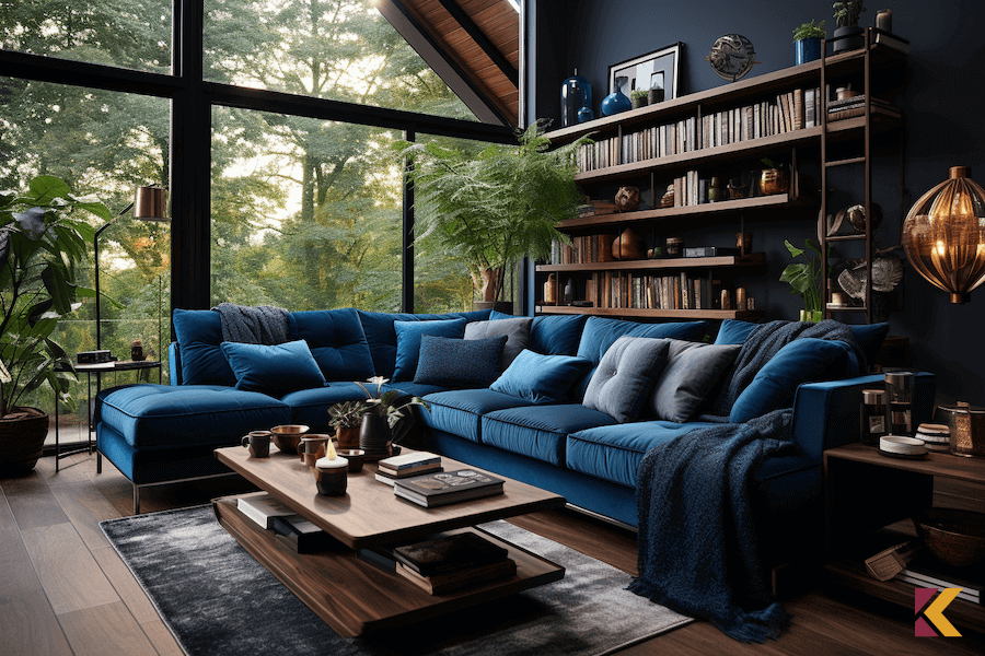 Salon: połączenie kolorów ciemnoniebieskich i drewna
