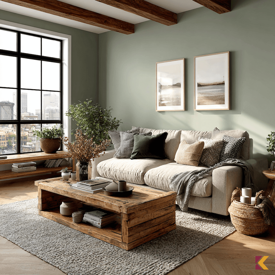 Salon, szałwiowa ściana, drewniany stolik, szara kanapa