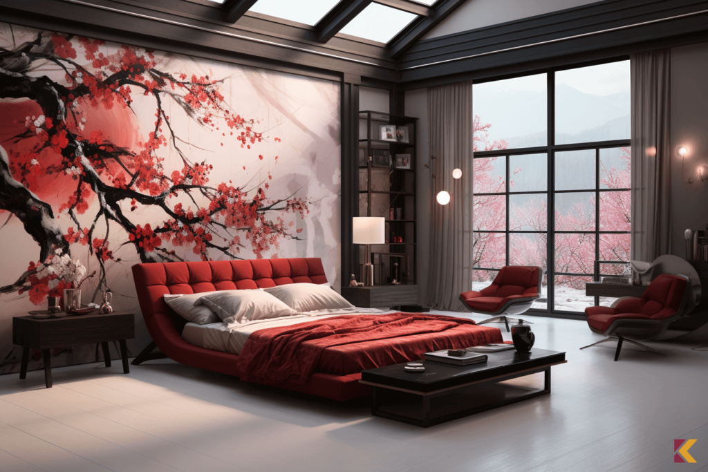 Szara sypialnia z czerwonymi akcentami