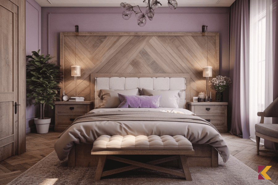 Sypialnia z drewnianymi meblami i ścianą akcentową w jasnofioletowym kolorze