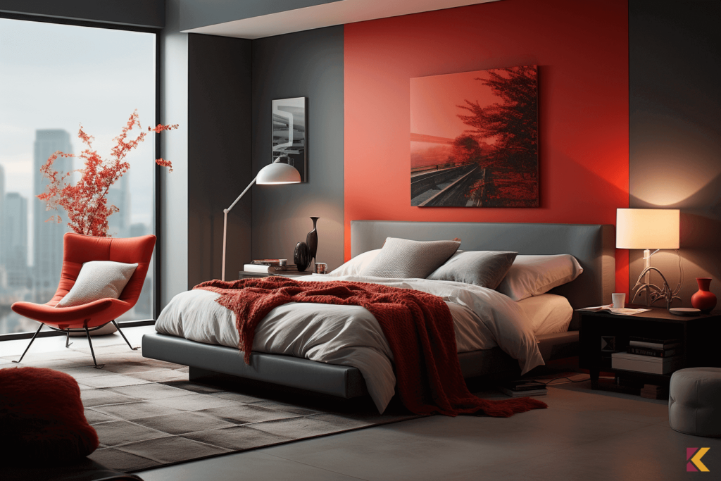 Sypialnia w odcieniach szarości z akcentami czerwieni