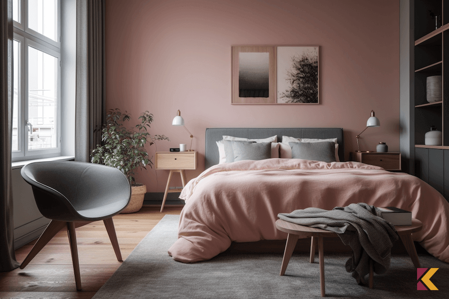 Sypialnia w stylu skandynawskim z różową pościelą i ścianą akcentową