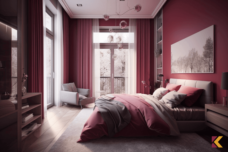Sypialnia w kolorach: malinowy, biały i szary z drewnianą podłogą i meblami