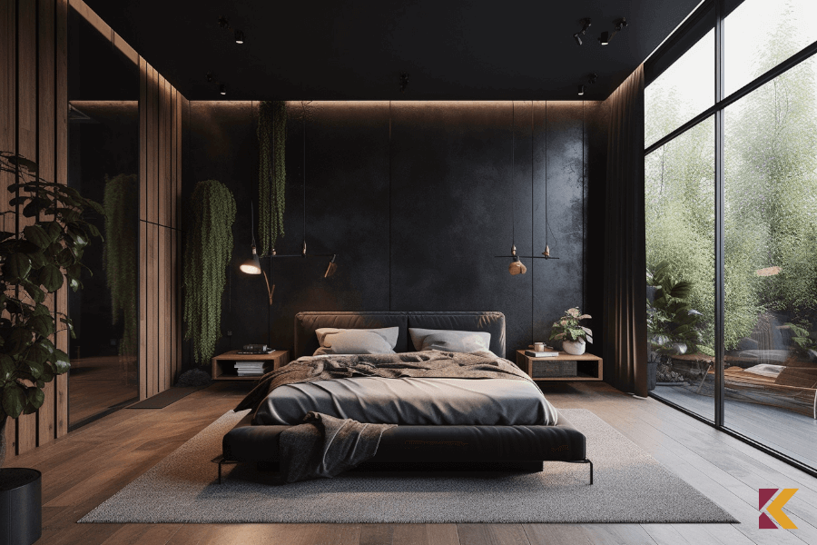 Sypialnia w czarnym kolorze wykończona drewnianymi elementami