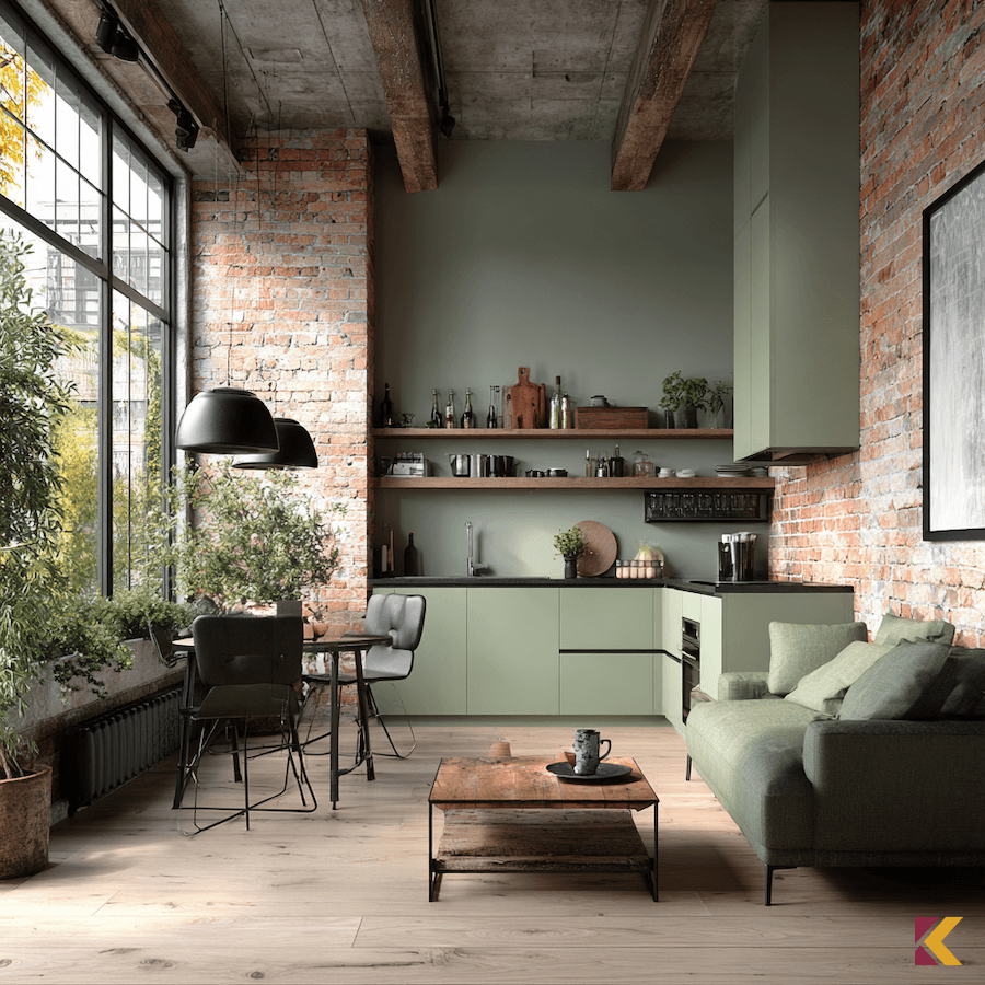 Szałwiowa kuchnia industrialna otwarta na salon