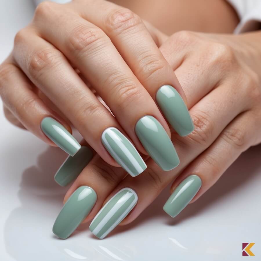 Szałwiowe paznokcie, białe zdobienie liniami na jednym paznokciu