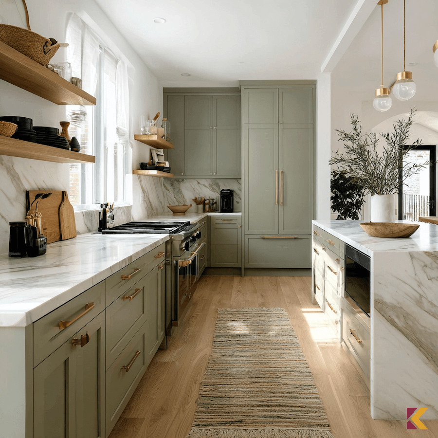 Szałwiowe szafki w kuchni, marmurowa wyspa i blat