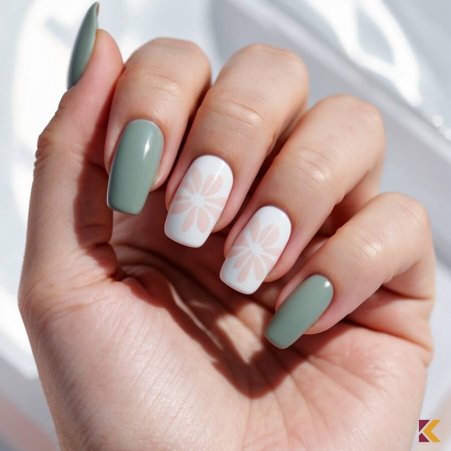 Szałwiowo-białe paznokcie z motywem kwiatowym w kolorze pastelowego różu