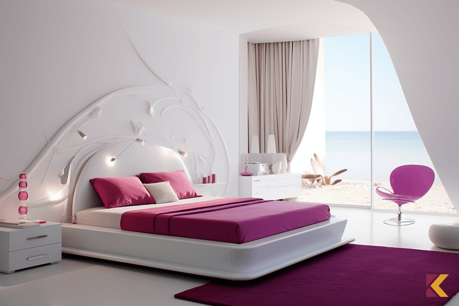 Biała, nowoczesna sypialnia z dodatkami w kolorze fuksja