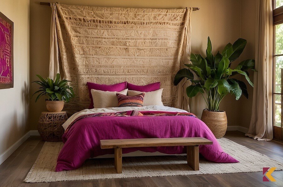 Boho sypialnia: drewno, beże, fuksja