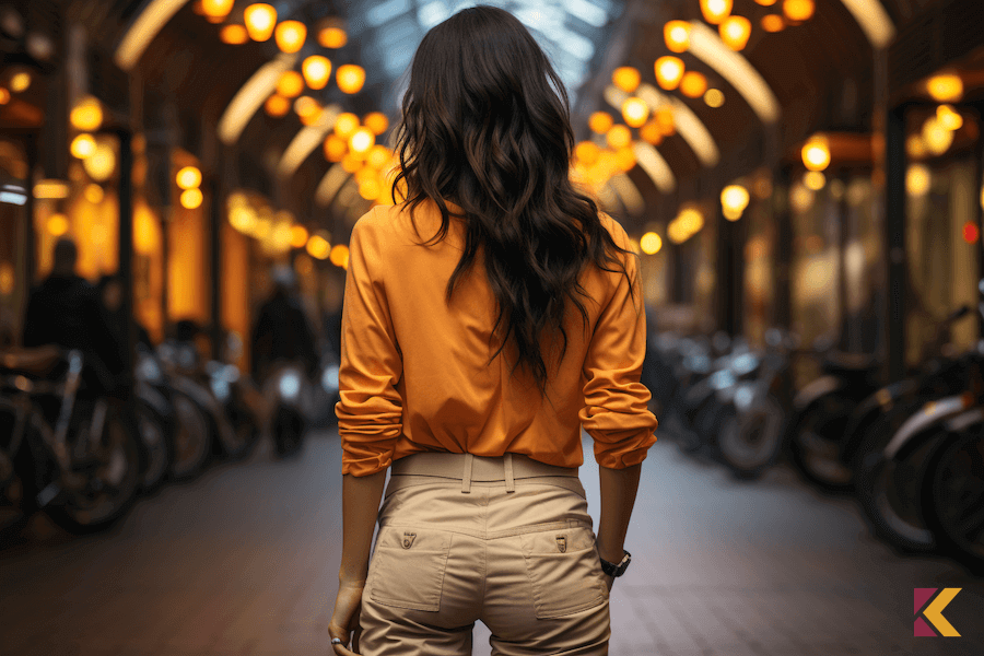 Brunetka w pomarańczowej koszuli i kremowych spodniach