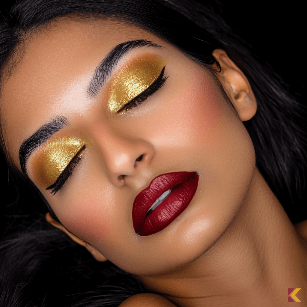 Burgundowe usta, złoty makijaż oczu