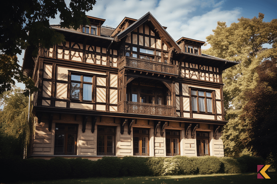 Dom w stylu klasyczny, beżowa elewacja, widoczne drewniane belki