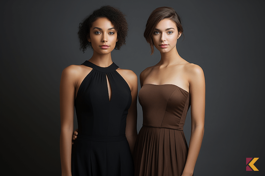 Dwie kobiety, stylizacje weselne z sukienką w kolorze czarnym i brązowym