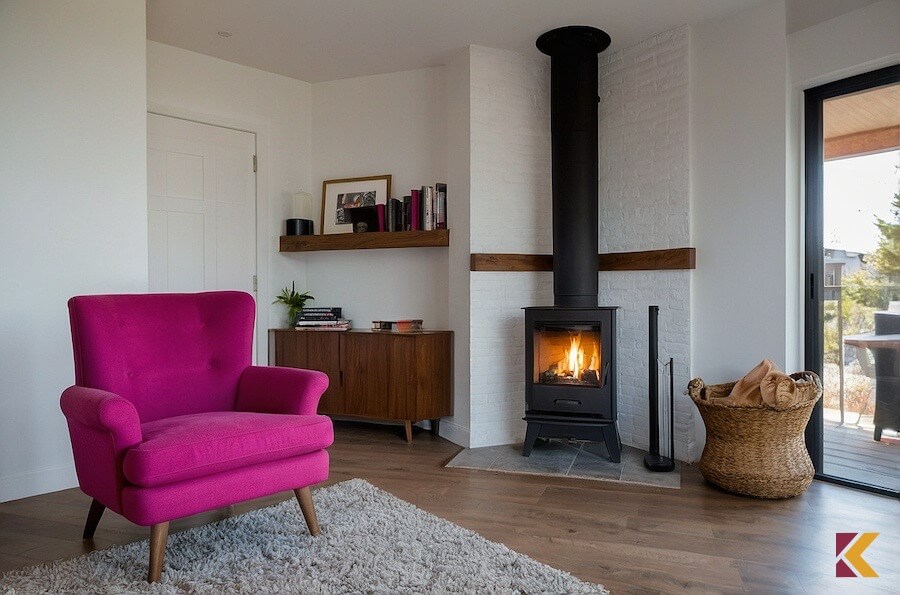 Fotel w kolorze fuksjowym w białym salonie z kominkiem