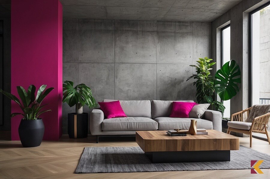 Szara ściana w salonie z kontrastową w kolorze fuksja, akcenty w postaci poduszek na szarej kanapie