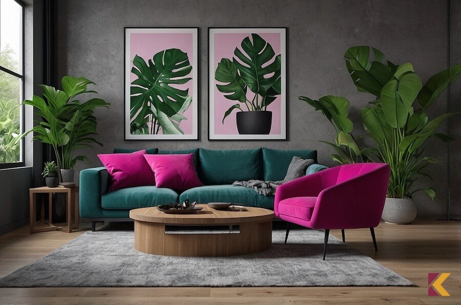 Fuksjowy fotel i poduszki na sofie w kolorze butelkowa zieleń